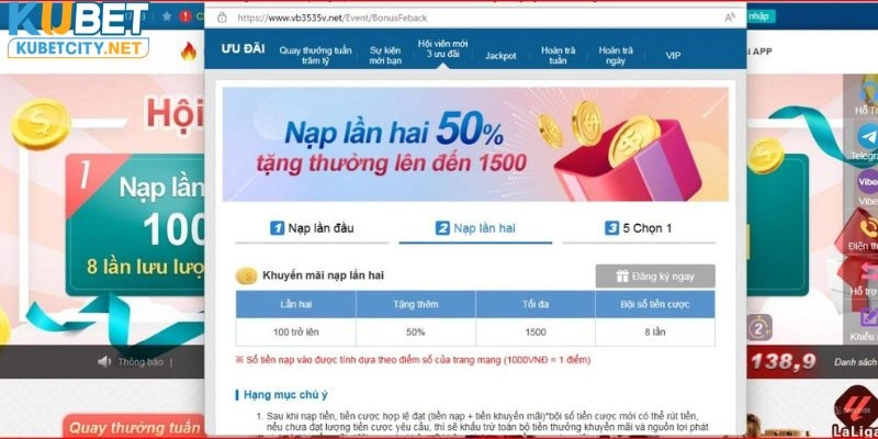 Ưu đãi tặng 50% trị khi nạp tiền lần hai